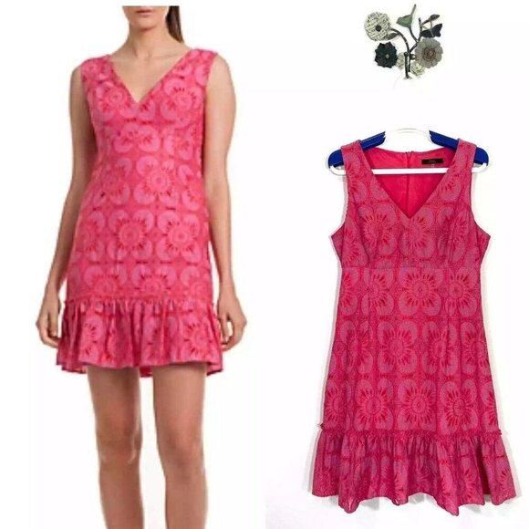 Trina Turk Pink Carpinteria Embroidery eyelet Ruffle Hem Dress size 0 - Picture 1 of 7